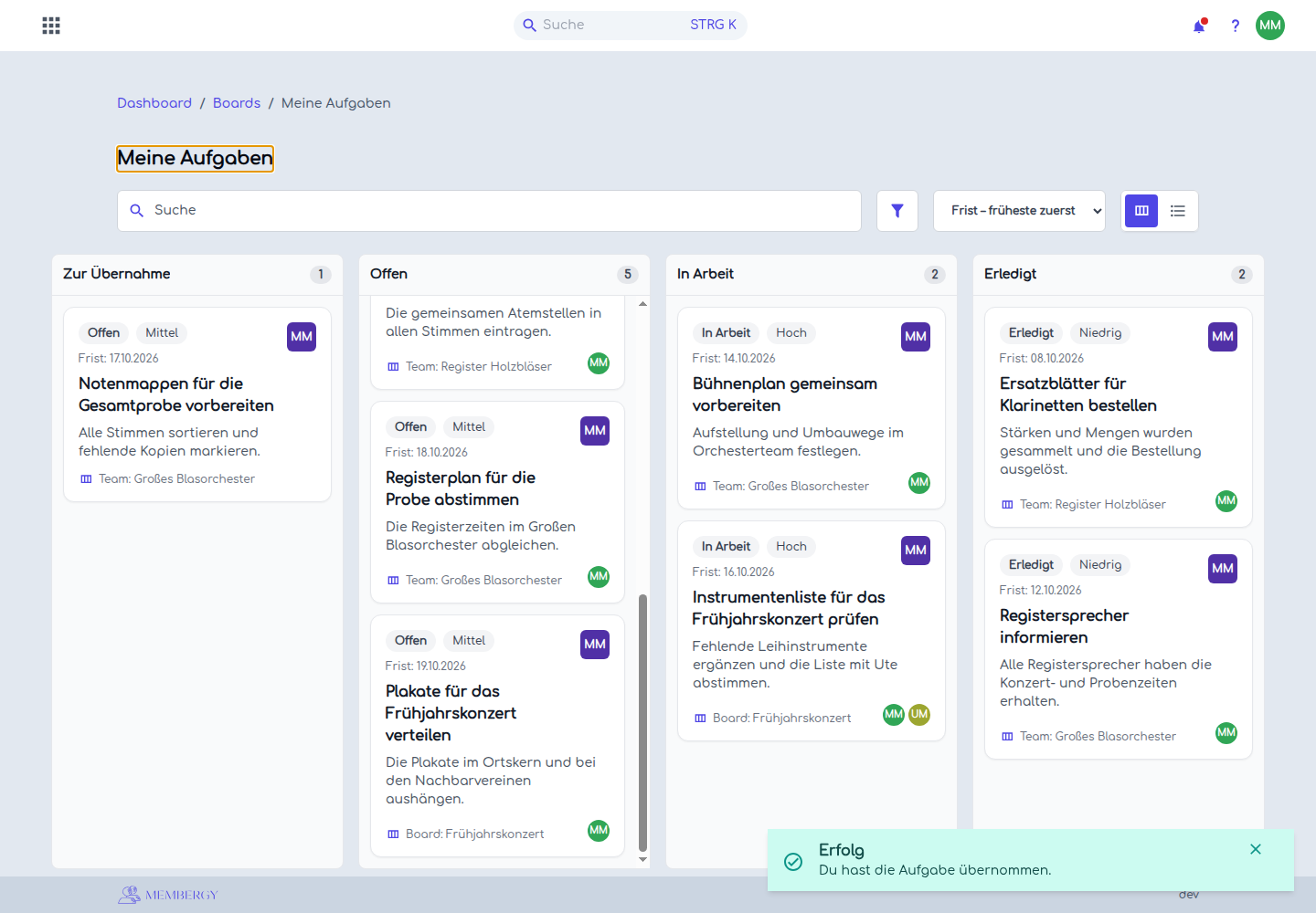 Die übernommene Aufgabe Plakate für das Frühjahrskonzert verteilen steht nun in Offen