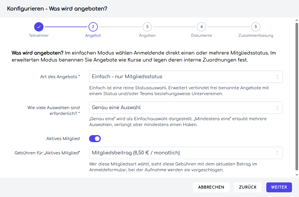 Mitgliedsstatus und vorgeschlagener Monatsbeitrag im Angebotsschritt